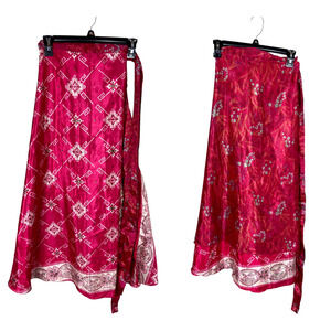 Kariza Designs Women Midi Sari Boho A Line Layered Skirt Printed Red Reversible